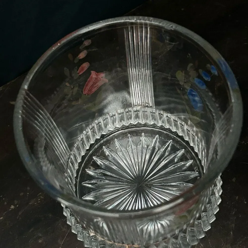 Vintage Cut Glass Hand Painted Spooner Short Vase UV Glow